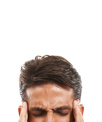Image showing Man, face and hands in studio with headache, risk and anxiety for stress, tension and frustrated. Person, migraine or pain with mental health, overwork and discomfort with mock up on white background