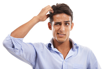 Image showing Businessman, face and thinking in studio with doubt, planning and problem solving with question and hand. Entrepreneur, person and thoughtful for solution, ideas and insight on white background