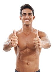 Image showing Happy man, portrait and thumbs up for fitness success, exercise or winning against a white studio background. Handsome and muscular male person with like emoji, yes sign or OK for workout or training