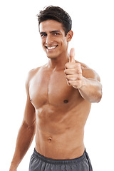 Image showing Happy man, portrait and thumbs up for fitness, exercise or winning against a white studio background. Handsome and muscular male person with like emoji, yes sign or OK for workout or training success