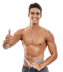 Image showing Man is shirtless, measuring tape and thumbs up, check weight progress for health and fitness isolated on white background. Smile in portrait, success or okay with body goal and muscle in studio