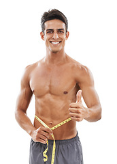 Image showing Happy man, portrait and thumbs up with tape measure for fitness, success or diet against a white studio background. Handsome and muscular male person with like emoji or yes sign for workout exercise