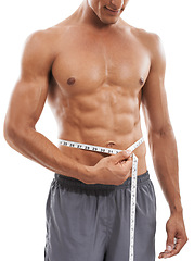 Image showing Muscular man, waist and tape measure for weight loss, diet or exercise against a white studio background. Closeup of male person hands measuring body, size or length for health and wellness on mockup