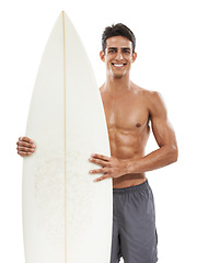 Image showing Happy man, portrait and surf board standing shirtless against a white studio background. Handsome male person or athlete smile for surfing, exercise or workout and ready for water or waves on mockup