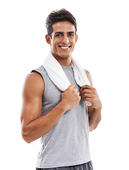 Image showing Happy man, portrait and towel for fitness, exercise or workout against a white studio background. Face of handsome male person smile for sports, training or cardio for sweat or weight loss on mockup