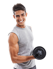 Image showing Exercise, dumbbell and portrait of man in studio for strong biceps, arm muscles or healthy power on white background. Happy bodybuilder workout with weights for fitness, energy or strength in triceps