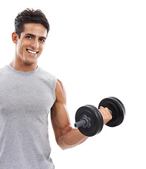 Image showing Fitness, dumbbell and portrait of man in studio for healthy training, muscle or strong arm power on white background. Happy bodybuilder exercise with weights for workout, strength of biceps or mockup