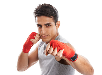 Image showing Boxer, man and fist in studio with kickboxing for fitness, health and martial arts isolated on white background. Strong athlete with muscle, portrait and MMA sports training with exercise or workout