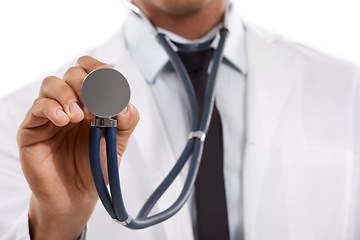 Image showing Doctor, hands or stethoscope in studio for heartbeat, healthcare services or cardiology on white background. Closeup, medical worker or tools for listening to lungs, cardiovascular test or evaluation