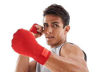 Image showing Boxer, man and hands in studio for kickboxing with sports for fitness, health and martial arts isolated on white background. Strong athlete with muscle, portrait and fist, MMA training and exercise