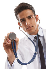 Image showing Doctor, portrait and man with stethoscope for heartbeat, healthcare check and cardiology in studio on white background. Medical worker, tools and listening to lungs, cardiovascular test or evaluation