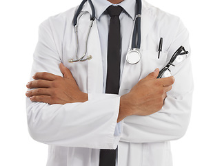 Image showing Doctor, arms crossed with stethoscope and healthcare person in studio with glasses in hand on white background. Cardiology expert, confidence and professional in medical care with surgeon and vision