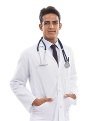 Image showing Man, portrait or doctor in studio for healthcare services, medical consulting or expert physician on white background. Professional therapist working with trust in medicine, clinical help or wellness