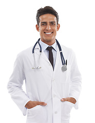 Image showing Man, portrait or doctor smile in studio for clinical consulting, healthcare services or specialist help on white background. Happy surgeon, expert therapist or medical professional working with pride