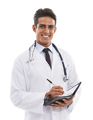 Image showing Man, doctor or portrait with notes in studio for planning healthcare information on white background. Happy medical worker writing in notebook, journal or consulting schedule of administration report