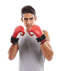 Image showing Boxing, man in portrait and sports for fitness, health and martial arts isolated on white background. Strong athlete with muscle, ready for fight with boxer gloves and MMA training exercise in studio