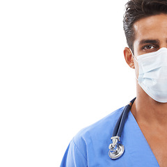 Image showing Doctor, face mask and portrait in studio, man and prevention of disease and infection by white background. Male nurse, medical service and protection in pandemic, healthcare and quarantine by mockup