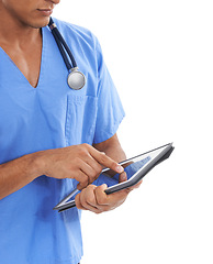 Image showing Nurse, tablet and man planning on technology for healthcare, studio and online research by white background. Male medical professional, internet and information or consulting, agenda and analysis