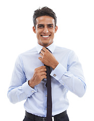 Image showing Business man, studio and ready with tie, smile and portrait with corporate fashion by white background. Entrepreneur, employee and person with shirt, clothes and happy with preparation for career