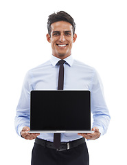 Image showing Portrait, business man and advertising laptop screen in studio for deal, offer or sign up to newsletter on white background. Happy worker, computer and mockup space for announcement, launch or UX ads