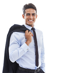 Image showing Business man, studio portrait and suit with smile, pride and career as corporate lawyer by white background. Indian person, attorney or advocate with blazer, happy and fashion for job with justice