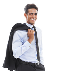 Image showing Business man, studio portrait and blazer with smile, pride and career as corporate lawyer by white background. Person, attorney or advocate with suit, happy and confident with formal fashion for job