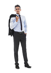 Image showing Business man, suit blazer and studio portrait for pride, mockup or career as corporate lawyer by white background. Person, attorney or advocate with space, happy or confident in formal fashion at job