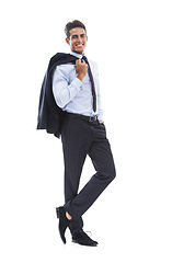 Image showing Confident business man, pose in studio and smile in portrait with jacket or blazer isolated on white background. Lawyer with corporate fashion, mockup space and professional in suit with career