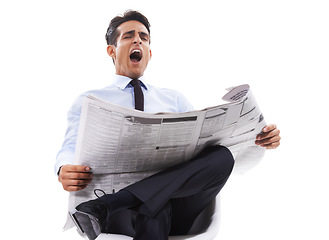 Image showing Business man, reading newspaper and studio with yawn, tired or finance information by white background. Person, newsletter or paper with fatigue, burnout and learning for stats, index or stock market