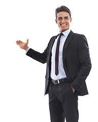 Image showing Portrait, business man and pointing to presentation of space, promotion deal and announcement in studio on white background. Happy worker advertising choice, feedback and offer mockup for information