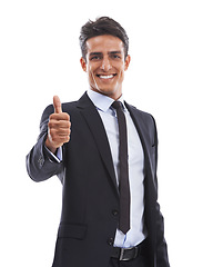 Image showing Thumbs up, portrait and business man in studio for success, winning deal or achievement on white background. Happy worker show emoji sign, like feedback or vote yes for excellence, thank you or trust
