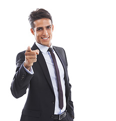 Image showing Business man, portrait and pointing to you in studio for choice, recruitment decision and invitation on white background. Happy worker show fingers for HR offer, hiring emoji and vote at mockup space