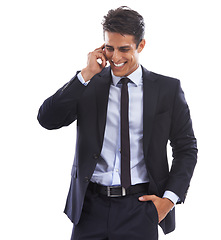 Image showing Business man, phone call and laugh in studio for communication, consulting and talking to contact on white background. Happy corporate worker, mobile networking and feedback of funny conversation