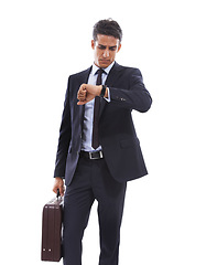 Image showing Business man, check watch and time management with briefcase for job isolated on white background. Corporate employee with wristwatch, salesman late with delay in schedule or appointment in a studio