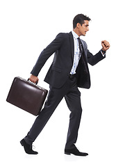 Image showing Business man, studio and walk with briefcase, determination and ready for job by white background. Entrepreneur, employee and person with luggage, bag or case on commute, profile and travel to work