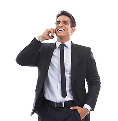 Image showing Phone call, business man and laugh in studio for consulting, communication or chat to contact on white background. Happy worker, mobile networking and thinking of feedback, conversation or funny news
