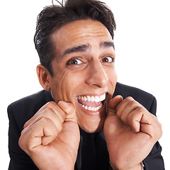 Image showing Businessman, winner and happy in portrait, studio and excited for corporate success by white background. Happy male professional, wow and promotion or deal, energy and celebration for opportunity