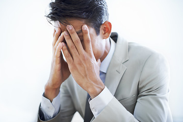 Image showing Man, face in hands and business fail with stress about mistake in corporate project. Anxiety, bankruptcy or debt in company with frustrated and tired worker, burnout in sales with crisis and fear