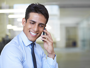 Image showing Business man, phone call and smile in office for communication, corporate consulting or chat to contact. Happy worker, mobile networking or thinking of feedback of advice, conversation or negotiation