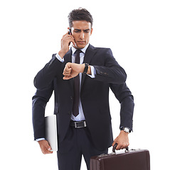 Image showing Business man, many arms and studio with multitasking, check watch and phone call by white background. Lawyer, attorney or advocate with bag, laptop and smartphone with time management with thinking