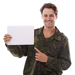 Image showing Man with poster, military recruitment and advertising on white background with patriot and smile in portrait. Army mockup, announcement banner and soldier in studio, communication and join us sign