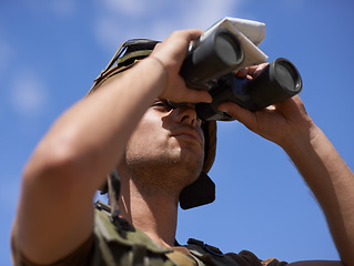 Image showing Man with binocular, soldier surveillance and search enemy location on battlefield during Israel Palestine war. Army equipment, security gear for intelligence in warzone and military operation outdoor