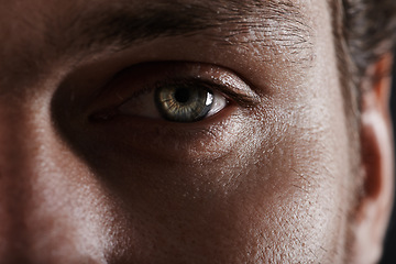 Image showing Man, closeup of eye and vision with contact lens, eyecare and health, optometry and wellness. Human anatomy, perspective or pov with eyesight, skin and lashes with cornea, awareness or ophthalmology