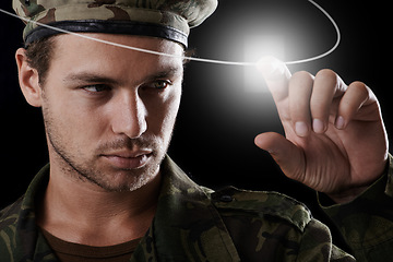 Image showing Man, fingerprint and security with touchscreen for army surveillance and password on dark background. Biometric, cyber tech and software for safety or soldier identity for military access in studio