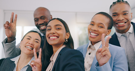 Image showing Happy business people, portrait and selfie with peace sign for photography, picture or team building together at office. Face of employee group smile for diversity, community or teamwork at workplace