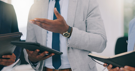 Image showing Closeup, hands and business people with tablet, meeting and technology with circle, notebook and social media. Staff, group or employees with documents, unity or digital app with cooperation or ideas