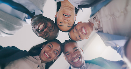 Image showing Business people, teamwork or portrait of faces in circle for collaboration, synergy or global equality from below. Corporate group, diversity or smile to support cooperation, integration or inclusion