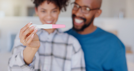 Image showing Happy couple, hands and positive pregnancy test for family, start or maternity at home. Closeup of excited man and pregnant woman smile for parenthood, morning or good results in bedroom together