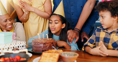 Image showing Happy birthday, wish and cake in celebration for party, holiday or special day with family at home. Excited little girl or child blowing candles in growth, love or care for event, bonding at house