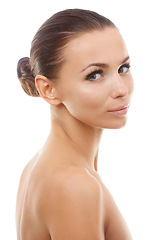 Image showing Portrait of woman, natural or skincare for wellness in studio with cosmetics, aesthetic or healthy glow. Facial dermatology, confident or female model with pride or beauty results on white background